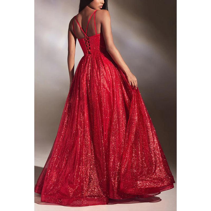 Vestido de noche largo de tul fruncido transparente con escote en A y escote en forma de corazón brillante
