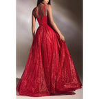 Vestido de noche largo de tul fruncido transparente con escote en A y escote en forma de corazón brillante