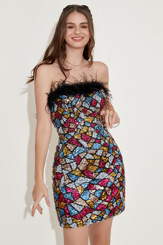 Colorful Strapless Cocktail Dress with Feathers