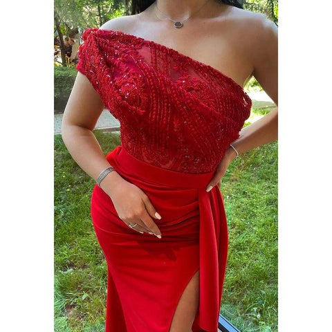 Elegant & Luxurious Off-Shoulder Cap Sleeves Side Slit Sheath Ruched Prom Dress