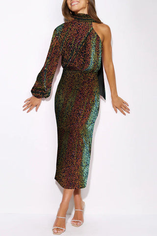 Elegante vestido de noche formal liso con lentejuelas y abertura halter 