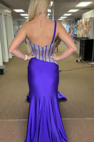 Blue Mermaid One Shoulder Long Prom Dresses with Beaded