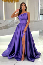 Robe de soirée violette trapèze sans manches avec fente