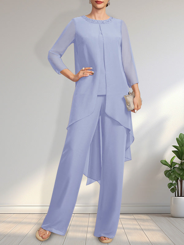 Vestido de dos piezas para la madre de la novia: mono/pantalón de gasa con escote redondo y largo hasta el suelo, adornado con lentejuelas y pedrería.