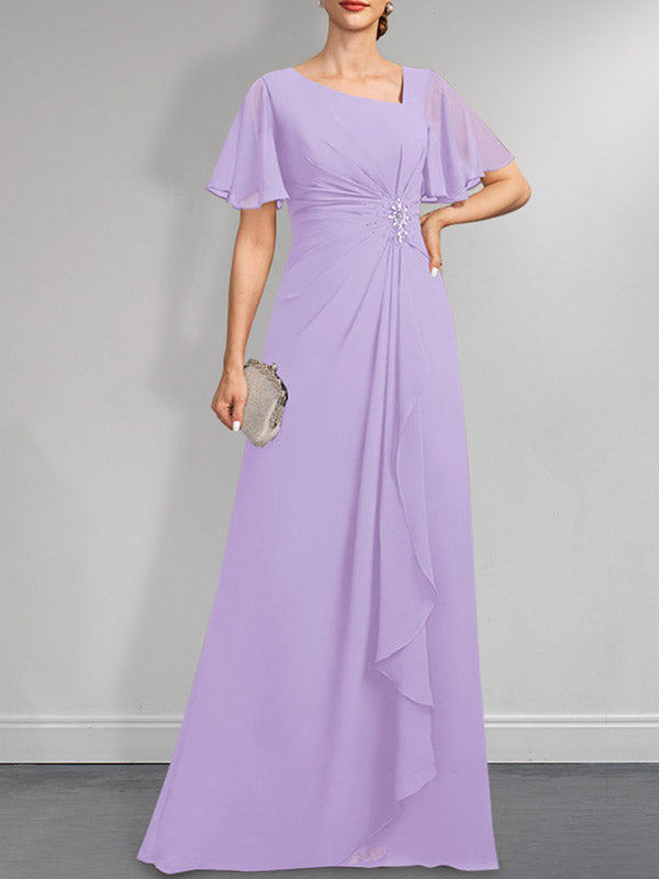 Vestido de corte A asimétrico hasta el suelo para la madre de la novia, de gasa, con lentejuelas y plisados.