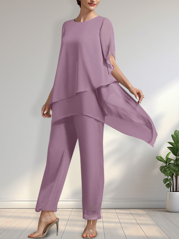 Vestido de gasa de dos piezas para la madre de la novia: mono/traje pantalón con escote redondo y largo hasta el tobillo.