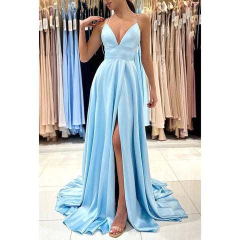 V-Neck Sheath/Column Satin Pleats Split Criss-Cross Straps Prom Dress