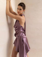 Vestido corto sexy TARUXY para mujer, con escote en V profundo, estampado floral, cordones, cuello halter, ajustado, sin espalda, sin mangas, ideal para fiestas, discotecas y eventos nocturnos. 