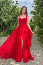 Off The Shoulder A-line Sleeveless Applique Prom Dress with Front Split