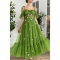 Robe de soirée vintage à bretelles spaghetti et appliques en tulle vert 