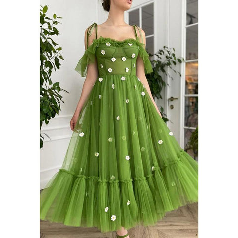 Spaghetti Straps Green Tulle Appliques Vintage Formal Evening Dress