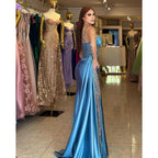 Robe de bal longue fourreau en satin à paillettes et dentelle froncée 