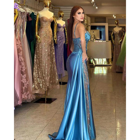 Ruched Sequined Lace Satin Sheath Long Prom Gown