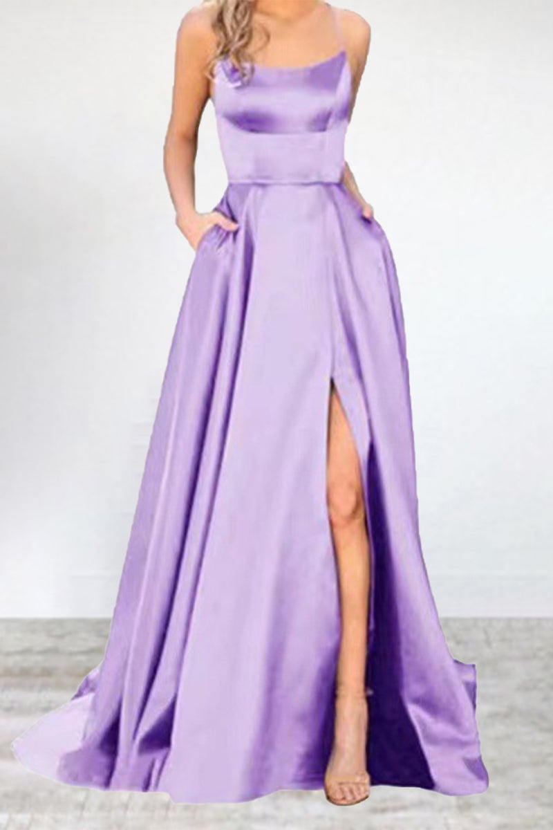 Vestidos de noche sexys, formales, de color liso, con escote en U y abertura alta. 
