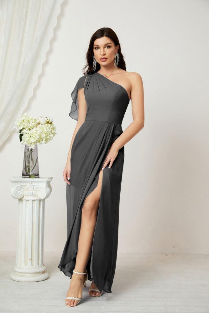 Baoleely  Chiffon Ruffled One Shoulder Long Bridesmaid Dresses A-line Formal Evening Gown Side Split 2809