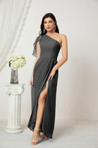 Baoleely  Chiffon Ruffled One Shoulder Long Bridesmaid Dresses A-line Formal Evening Gown Side Split 2809