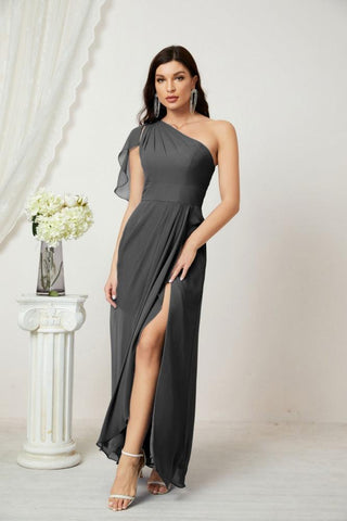 Robe de demoiselle d'honneur longue en mousseline de soie à volants et à une épaule, coupe trapèze, robe de soirée formelle fendue sur le côté, 2809