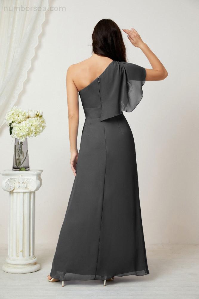 Baoleely  Chiffon Ruffled One Shoulder Long Bridesmaid Dresses A-line Formal Evening Gown Side Split 2809