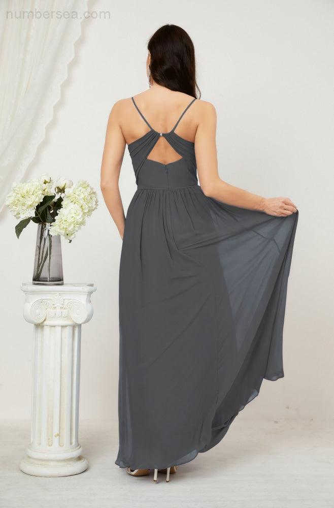Robe de demoiselle d'honneur en mousseline de soie, longue, coupe trapèze, col en V, pour soirée de mariage, 2801 