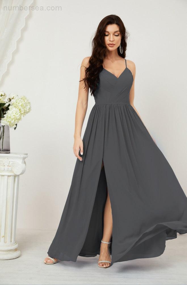 Robe de demoiselle d'honneur en mousseline de soie, longue, coupe trapèze, col en V, pour soirée de mariage, 2801 