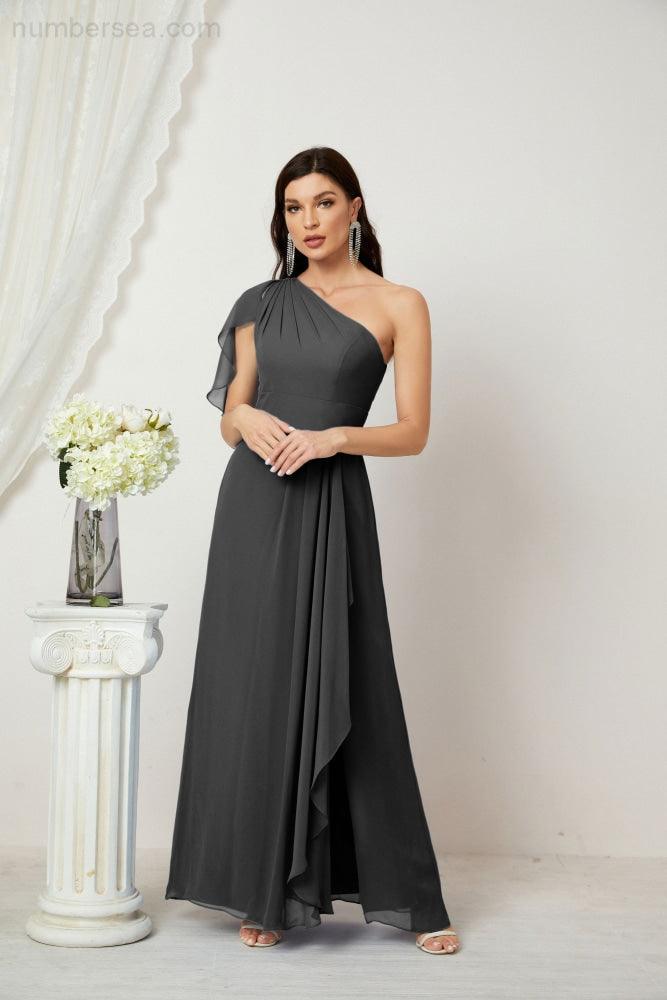 Baoleely  Chiffon Ruffled One Shoulder Long Bridesmaid Dresses A-line Formal Evening Gown Side Split 2809