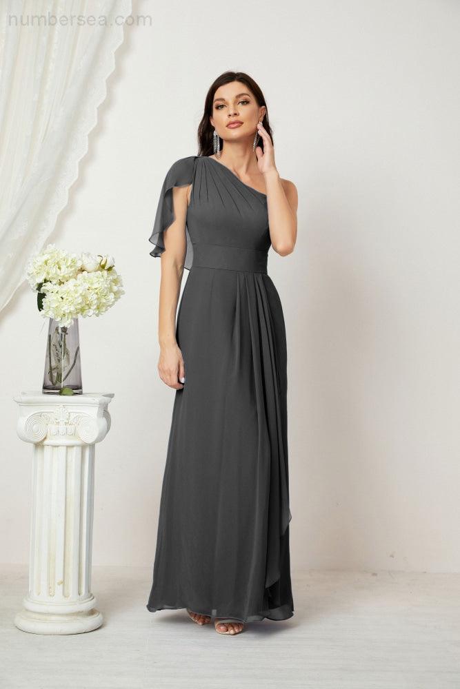 Baoleely  Chiffon Ruffled One Shoulder Long Bridesmaid Dresses A-line Formal Evening Gown Side Split 2809