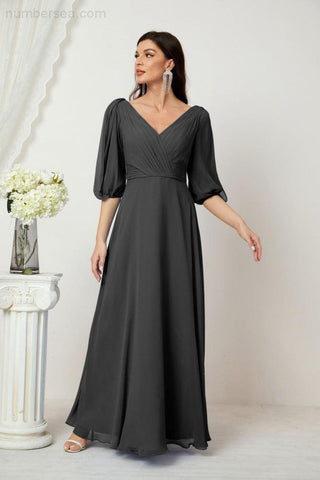 Baoleely  Formal Prom Gown Women V-Neck Chiffon Bridesmaid Dresses Long Bishop Sleeve Party Dress 2807