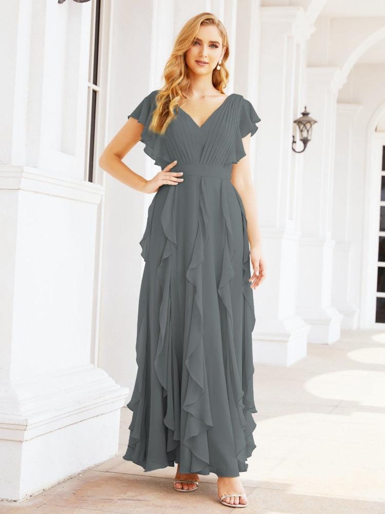 Ruffled Bridesmaid Dresses with Sleeves Long Formal Party Dress 28041