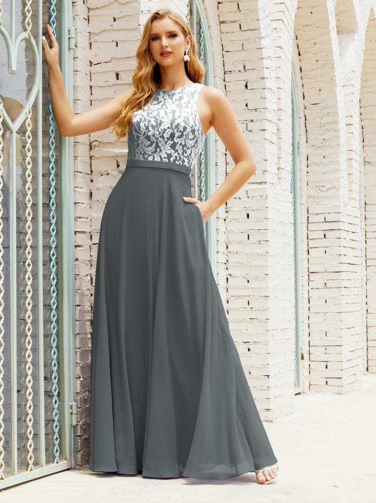 Robe de demoiselle d'honneur en dentelle, longueur au sol, avec poches, 28017 
