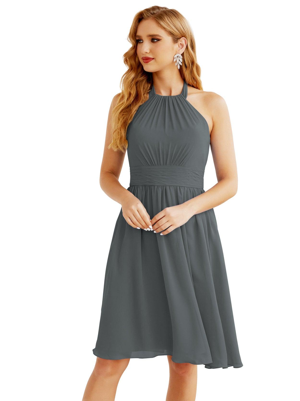 Baoleely - Vestido de dama de honor de gasa con cuello halter, corto, sin mangas, formal, para fiesta, espalda descubierta, 28023 