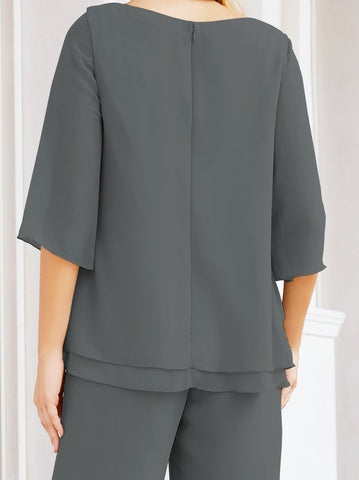 Elegante conjunto de pantalón y bata plateada de dos piezas para la madre de la novia, talla grande, con volantes, Sunderly Elegant SY28064