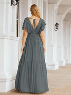 Baoleely Women's Open Back Formal Evening Party Prom Gowns V-Neck Long Chiffon Bridesmaid Dresses with Waist Belt 28038