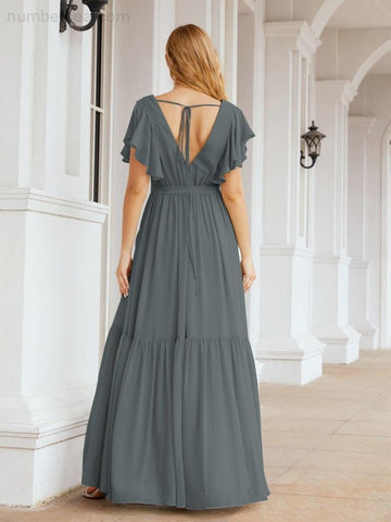 Vestido de fiesta formal de noche con espalda descubierta para mujer Baoleely, escote en V, largo, de gasa, con cinturón a la cintura 28038