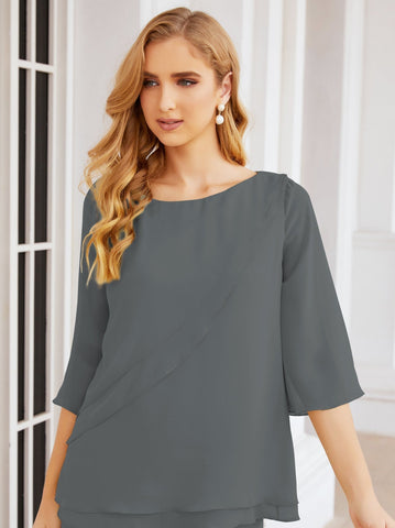 Elegante conjunto de pantalón y bata plateada de dos piezas para la madre de la novia, talla grande, con volantes, Sunderly Elegant SY28064