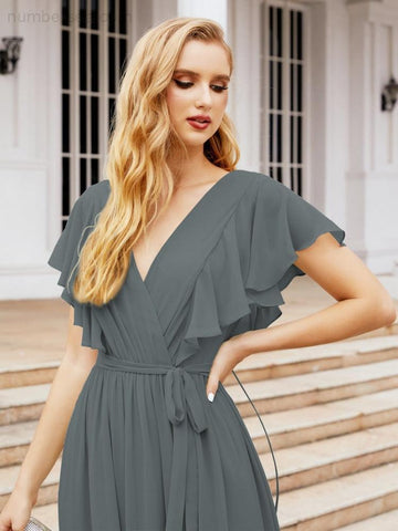 Vestido de fiesta formal de noche con espalda descubierta para mujer Baoleely, escote en V, largo, de gasa, con cinturón a la cintura 28038