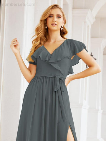 Vestidos de dama de honor con mangas abullonadas para fiesta formal de noche y graduación 28044 