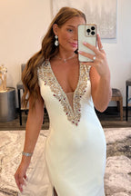 Deep V-Neck Backless Prom Dress with Beading