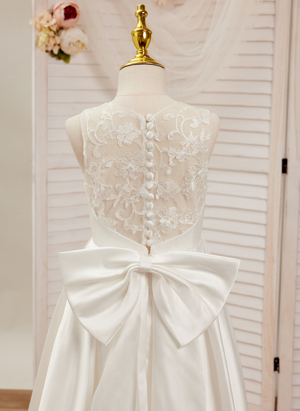 Vestido de niña de las flores para la Primera Comunión, corte en A, encaje y satén, hasta el suelo 