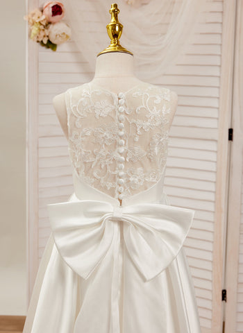 Vestido de niña de las flores para la Primera Comunión, corte en A, encaje y satén, hasta el suelo 