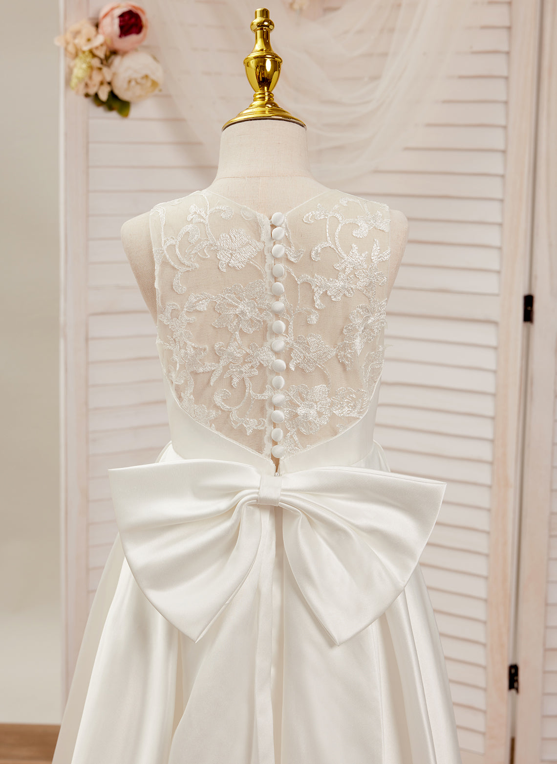 Vestido de niña de las flores para la Primera Comunión, corte en A, encaje y satén, hasta el suelo 