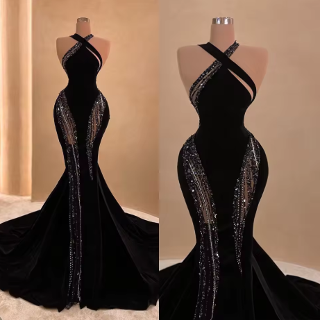 Robe de bal longue sirène noire sexy avec traîne, robe de soirée noire chic Y4178