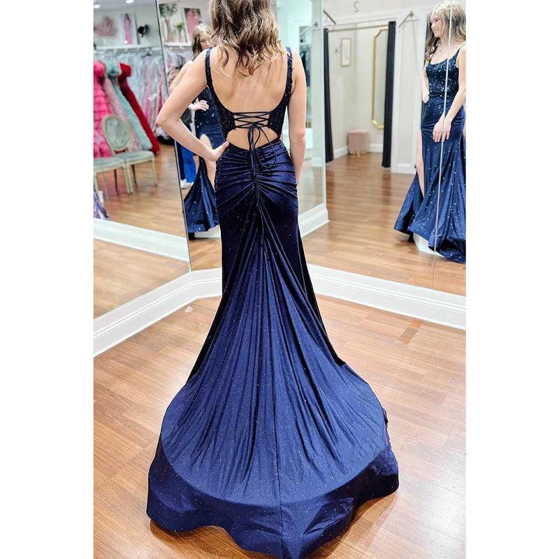 Robe de soirée à bretelles spaghetti et appliques en dentelle avec fente latérale 