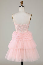 Lindo vestido de fiesta de línea A, escote corazón, corsé rosa claro con volantes