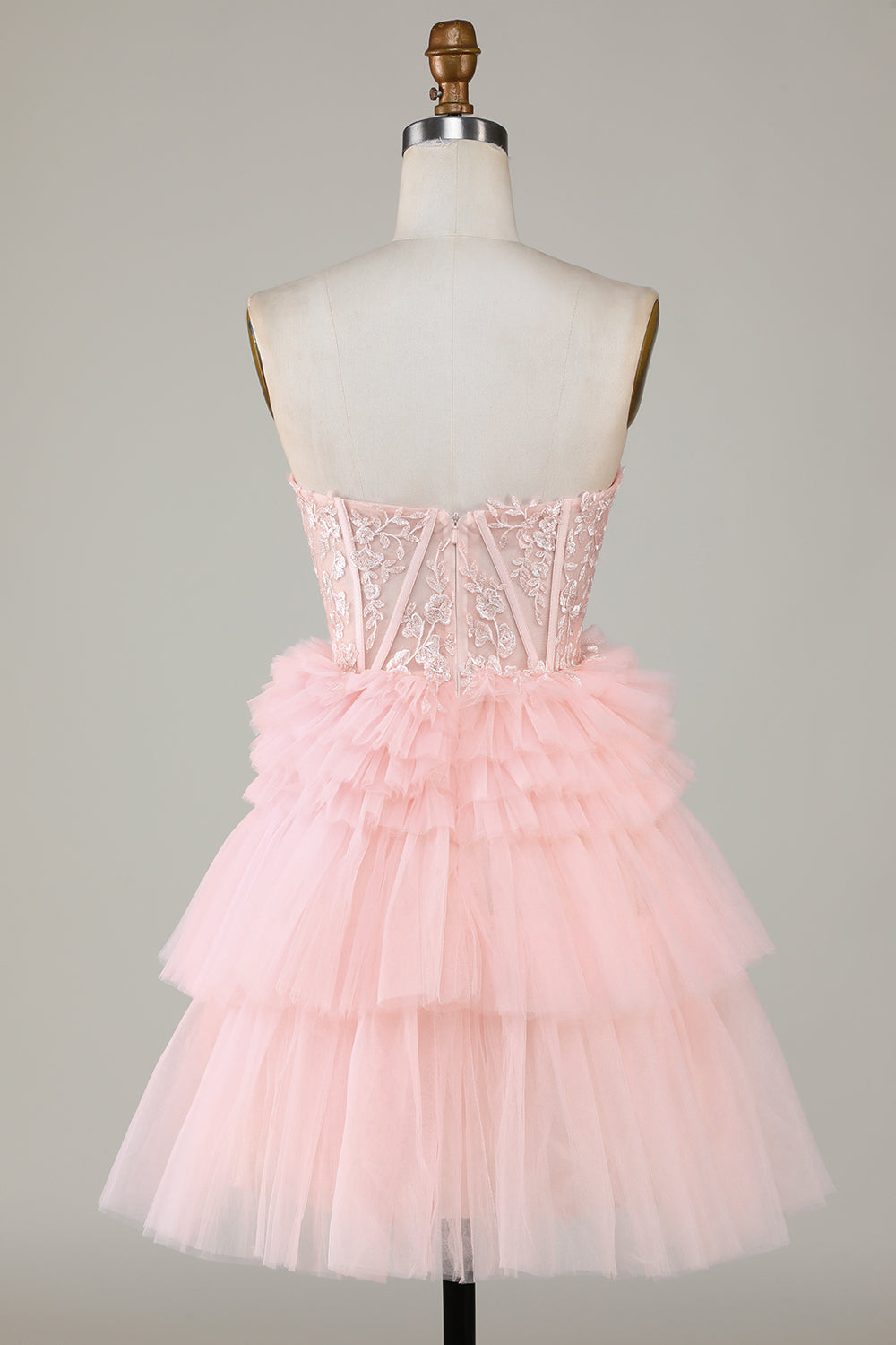Lindo vestido de fiesta de línea A, escote corazón, corsé rosa claro con volantes