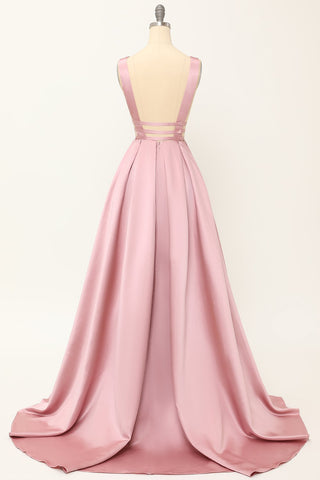 Robe de bal longue en satin rose poudré