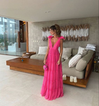 Vestido de fiesta rosa fucsia sin espalda, vestido de noche Y1522