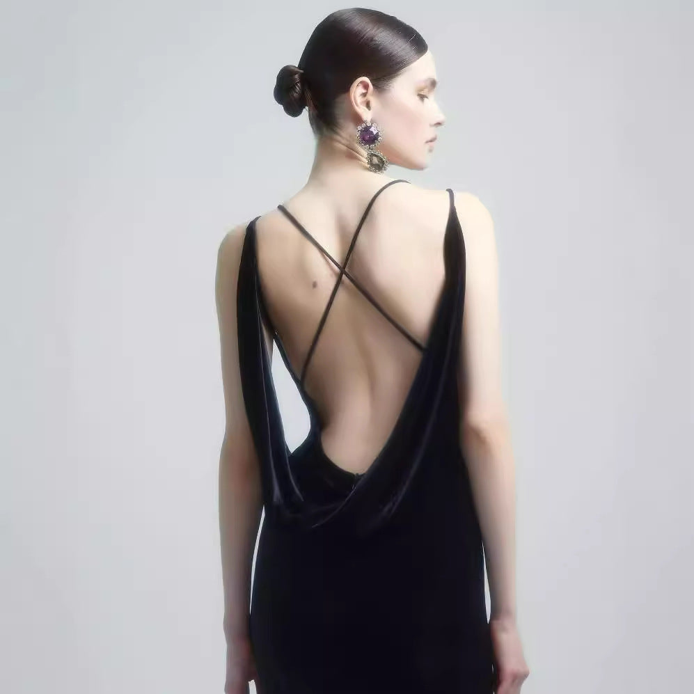 Vestido de fiesta de satén sin espalda con estampado floral 3D
