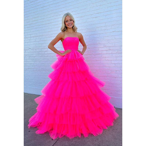 Robe de bal longue en tulle rose vif sans bretelles