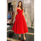 Vestido de fiesta vintage rojo con tirantes finos para regreso a casa