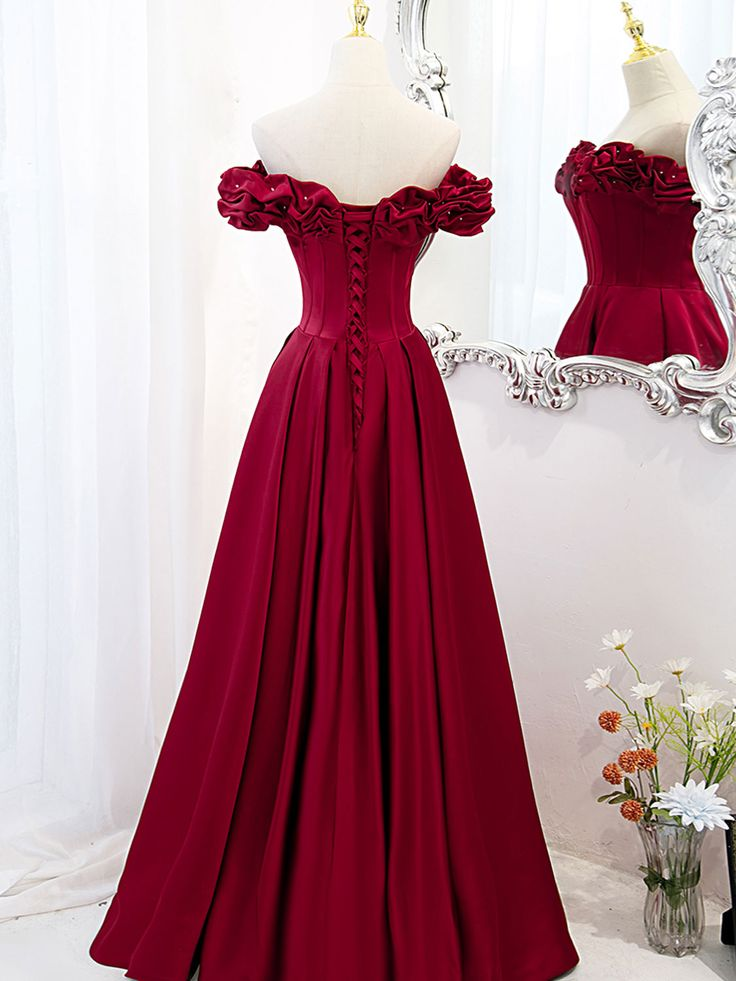 Vestido largo de fiesta de satén con hombros descubiertos y corte en A, modelo Y6340